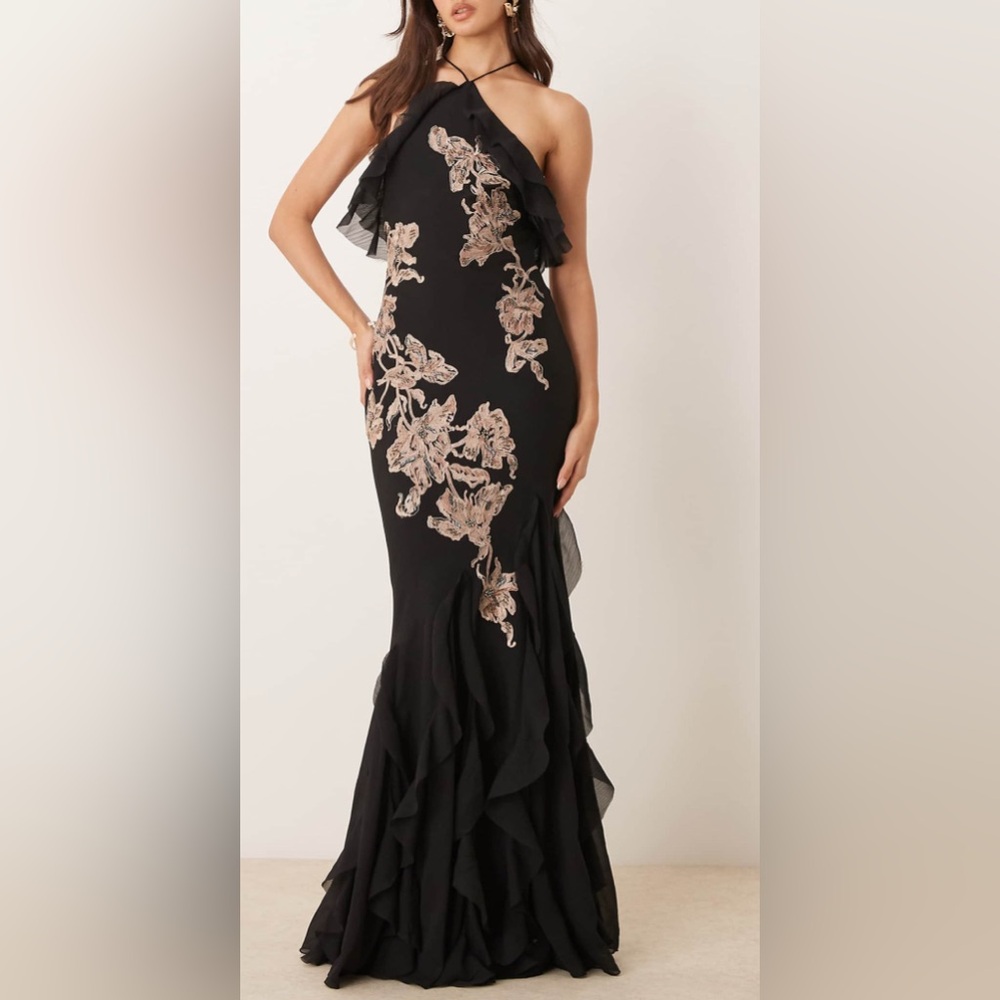 Floral Embroidered Halter Bias Maxi Dress NWT
